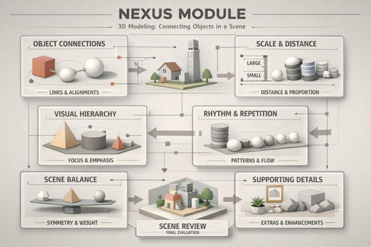Diagram of Nexus Module 3D Modeling with various design elements and text on a gray background