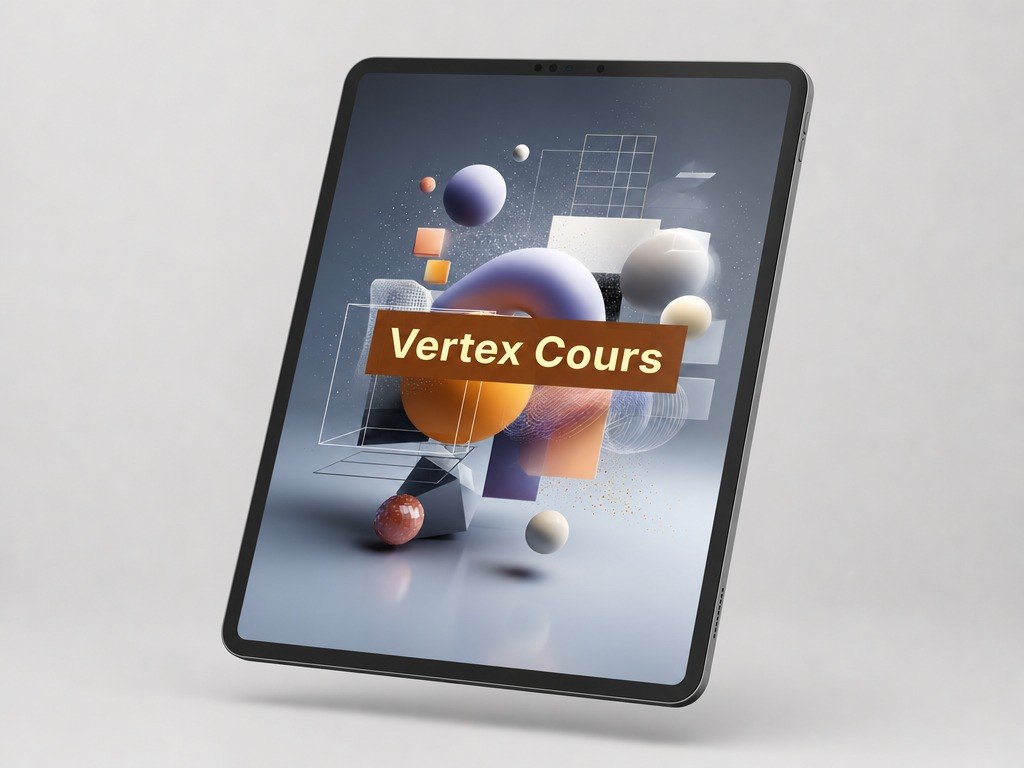 Tablet displaying a colorful abstract design with 'Vertex Cours' text on a light gray background
