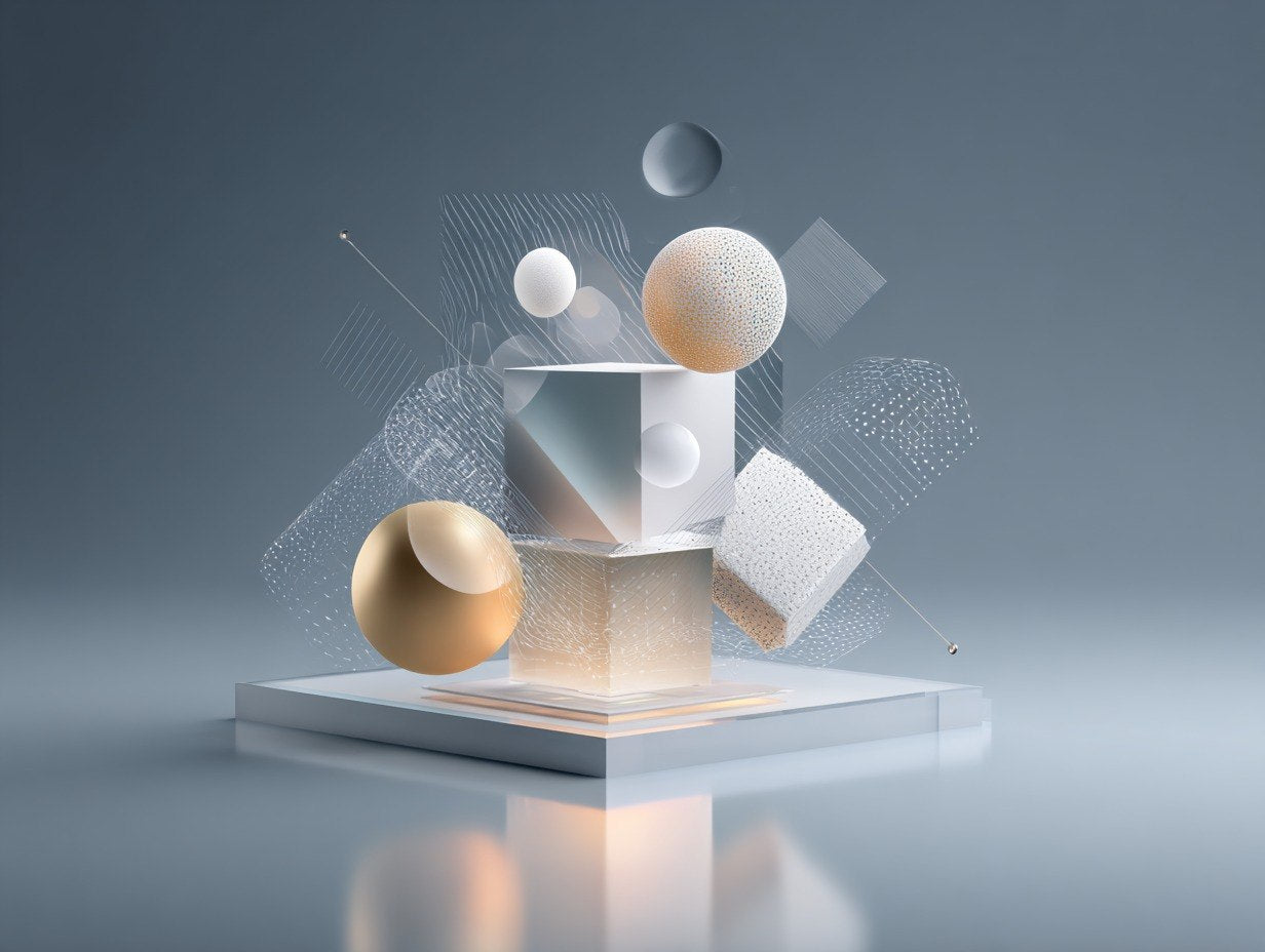 Abstract 3D composition with geometric shapes on a reflective surface