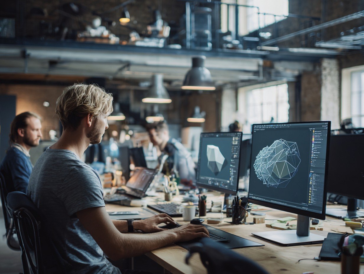 Person working at a desk with multiple computer monitors in a modern office setting.