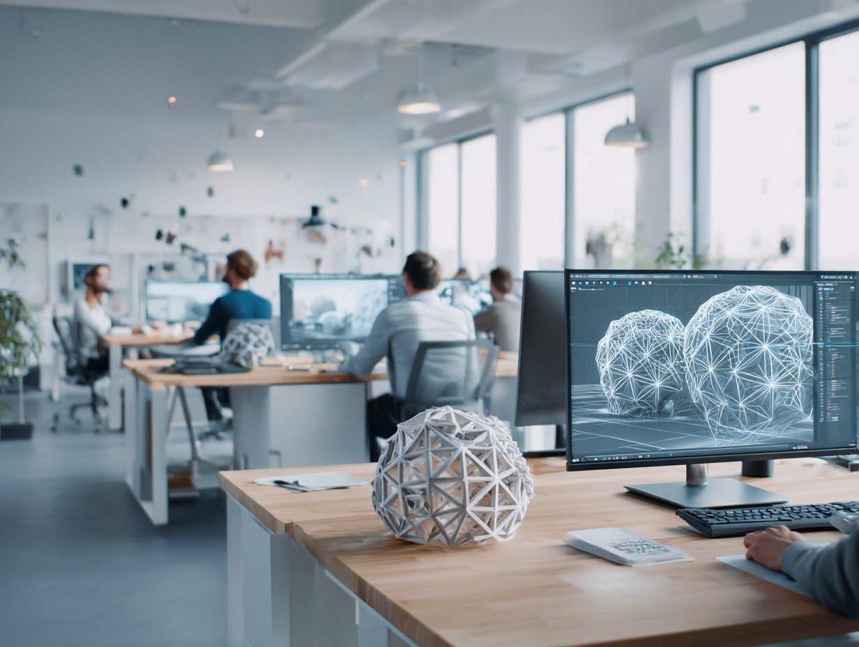 Modern office with people working at desks with computer monitors.