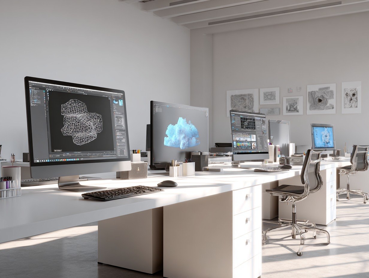 Modern office with white desks and multiple computer monitors displaying various graphics.