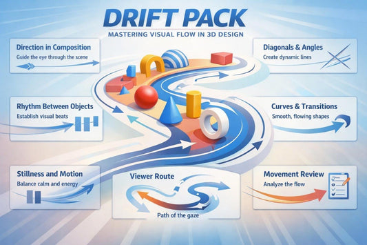 Diagram of 'Drift Pack' for mastering visual flow in 3D design with colorful shapes and arrows.