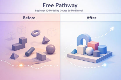 Before and after comparison of 3D modeling course by Modlixonal with geometric shapes.