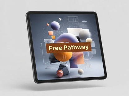 Tablet displaying a 3D design with 'Free Pathway' text on a light gray background