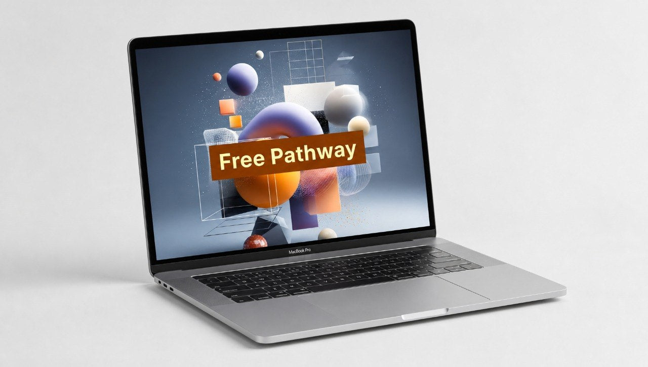 Laptop with a colorful abstract design on the screen and 'Free Pathway' text.