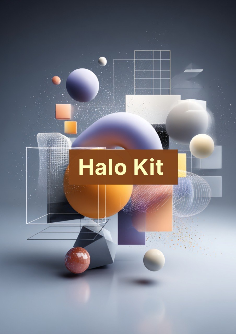 Halo Kit with geometric shapes and abstract design on a gray background