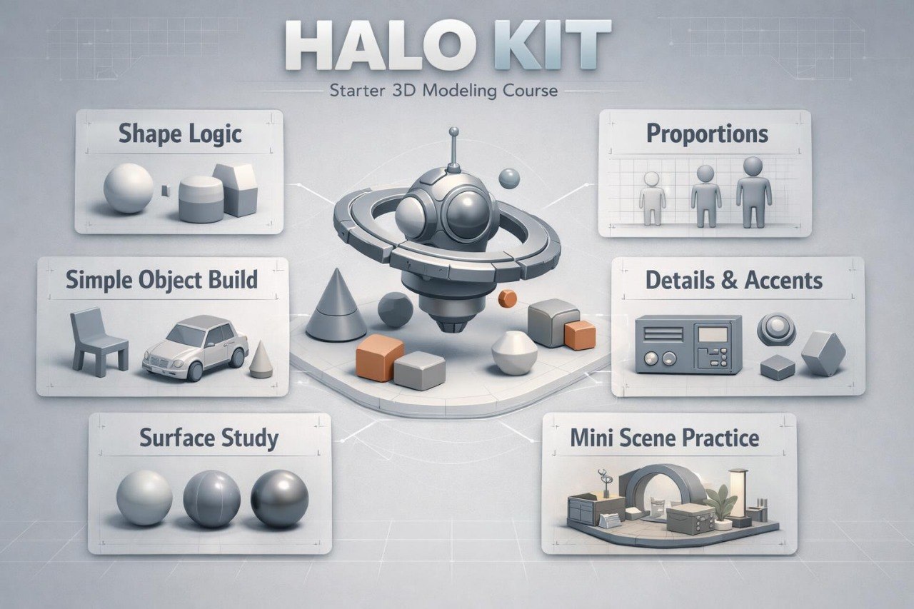 Halo Kit starter 3D modeling course with various elements on a gray background