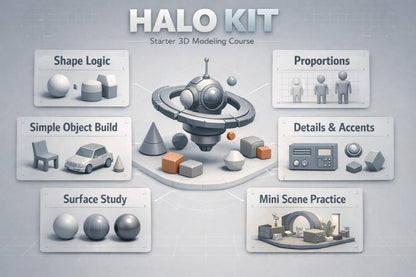Halo Kit starter 3D modeling course with various elements on a gray background