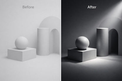 Before and after comparison of a minimalist scene with geometric shapes and lighting.
