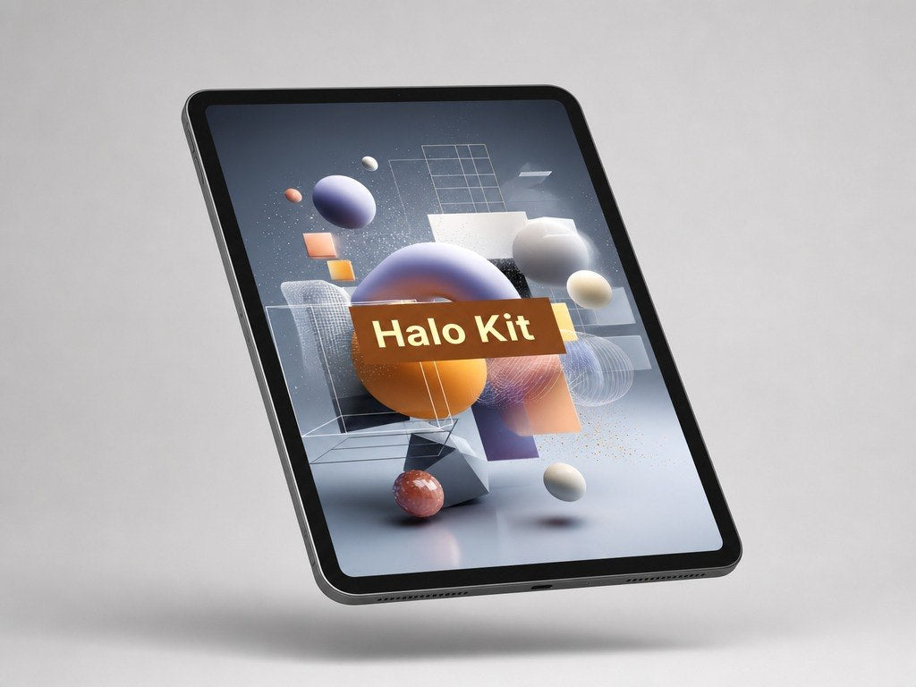 Tablet displaying 'Halo Kit' on a light gray background