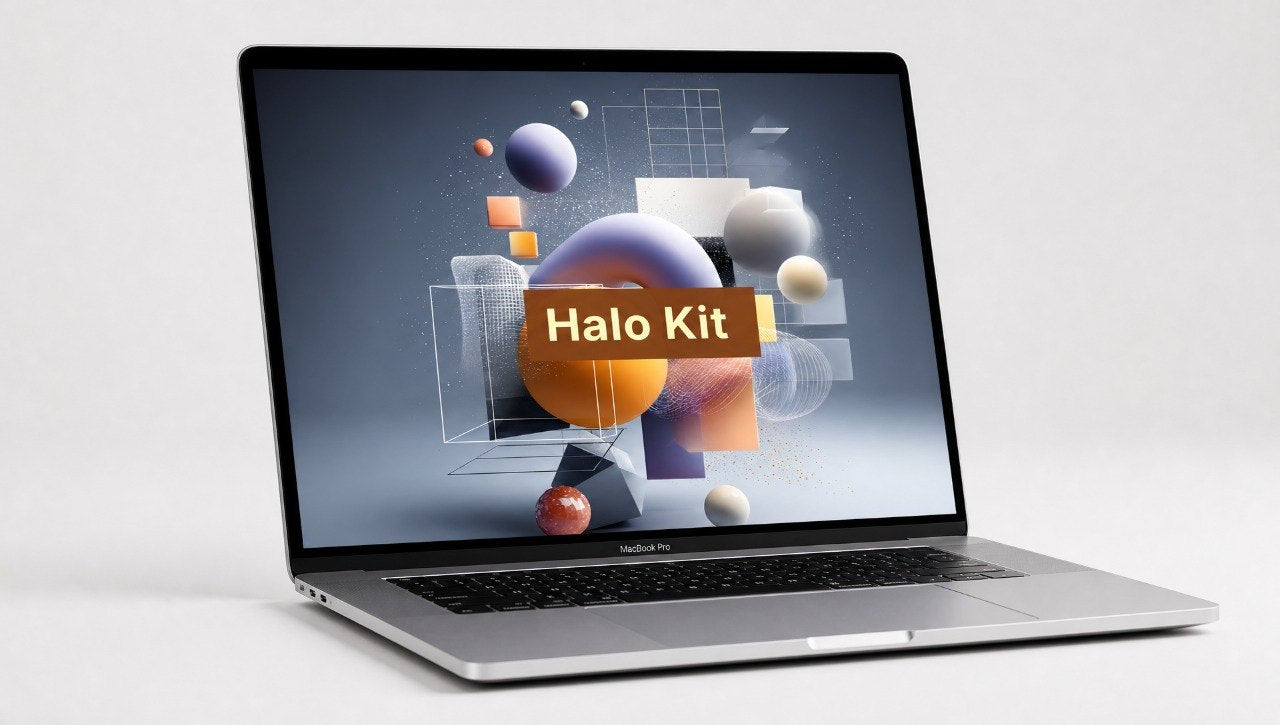Laptop displaying the 'Halo Kit' on a white background