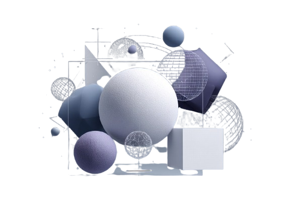 Geometric shapes including spheres and cubes on a white background
