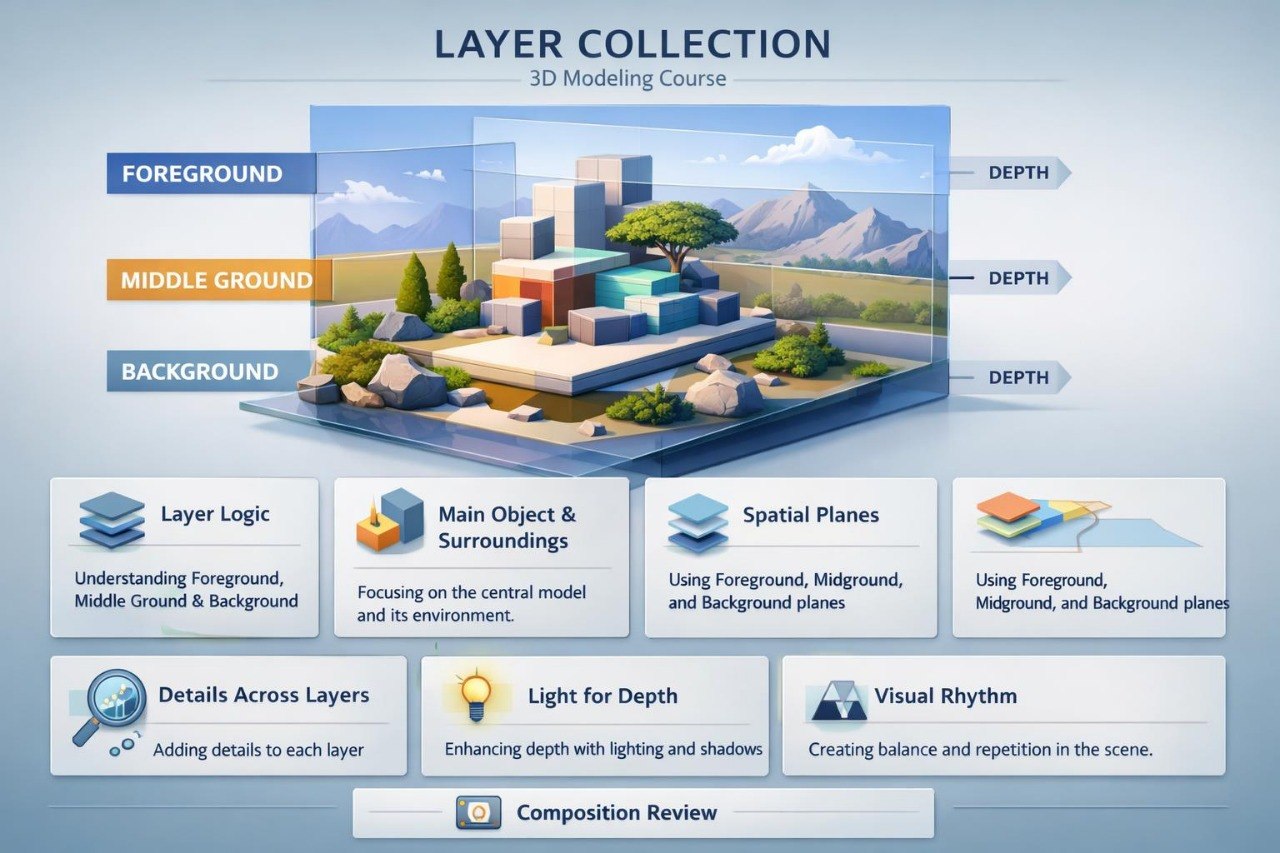 3D modeling course layer collection with architectural model and educational text on a blue background