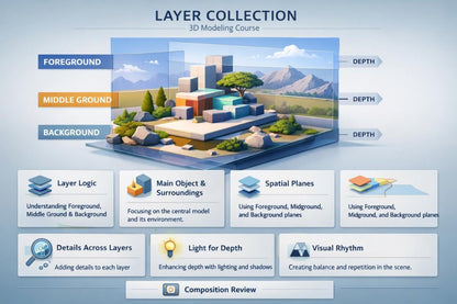 3D modeling course layer collection with architectural model and educational text on a blue background