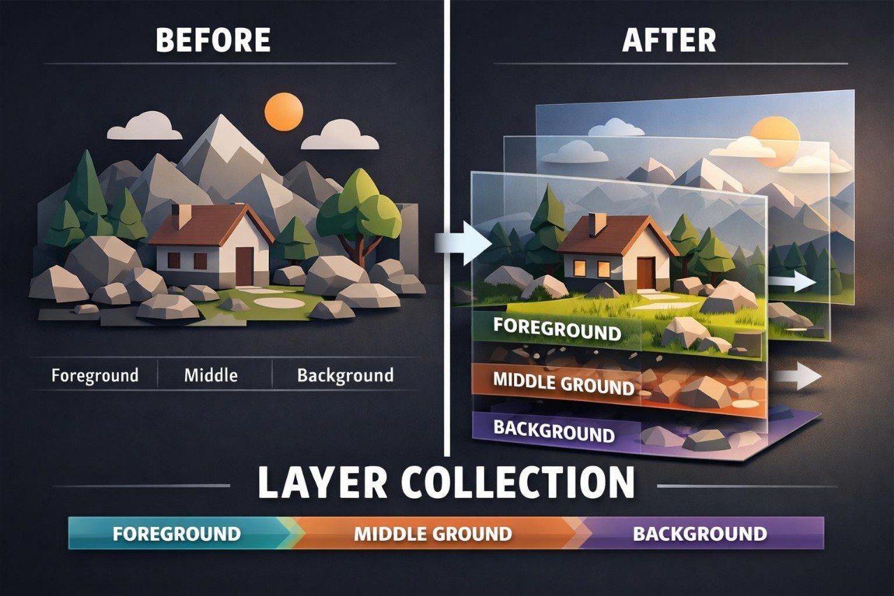 Before and after illustration of a layered landscape with house, mountains, and trees.