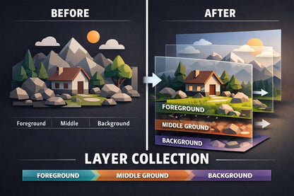 Before and after illustration of a layered landscape with house, mountains, and trees.