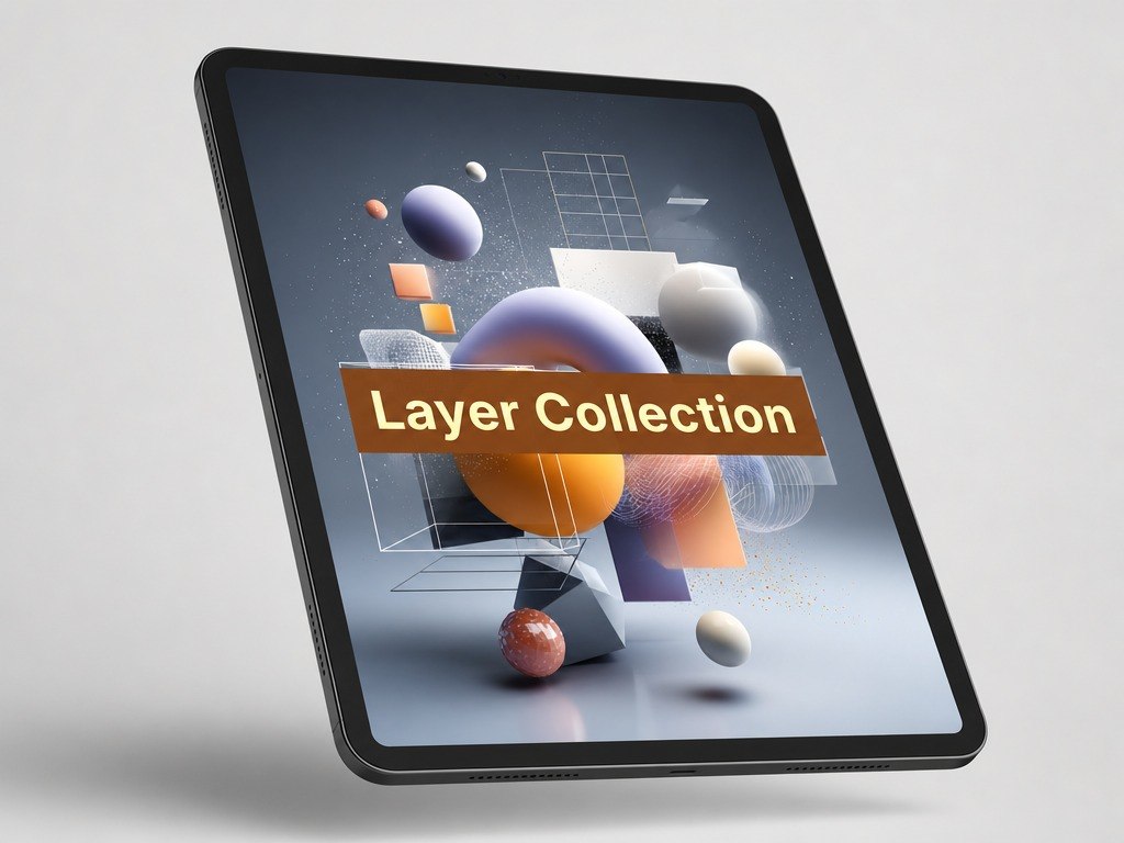 Tablet displaying a 'Layer Collection' with abstract geometric shapes on a light gray background