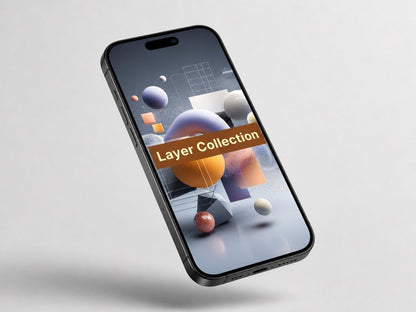 Smartphone with a design app interface on the screen, featuring geometric shapes and 'Layer Collection' text.
