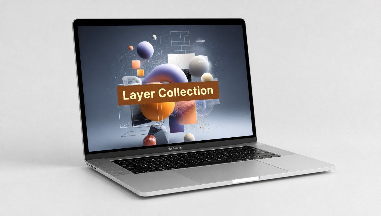 Laptop displaying a 'Layer Collection' on a white background