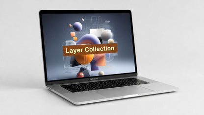 Laptop displaying a 'Layer Collection' on a white background
