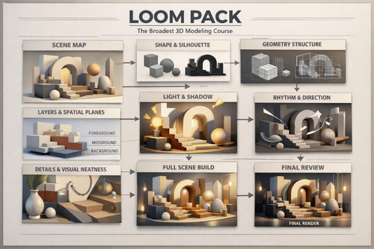 Diagram of a 3D modeling course with various stages and elements.