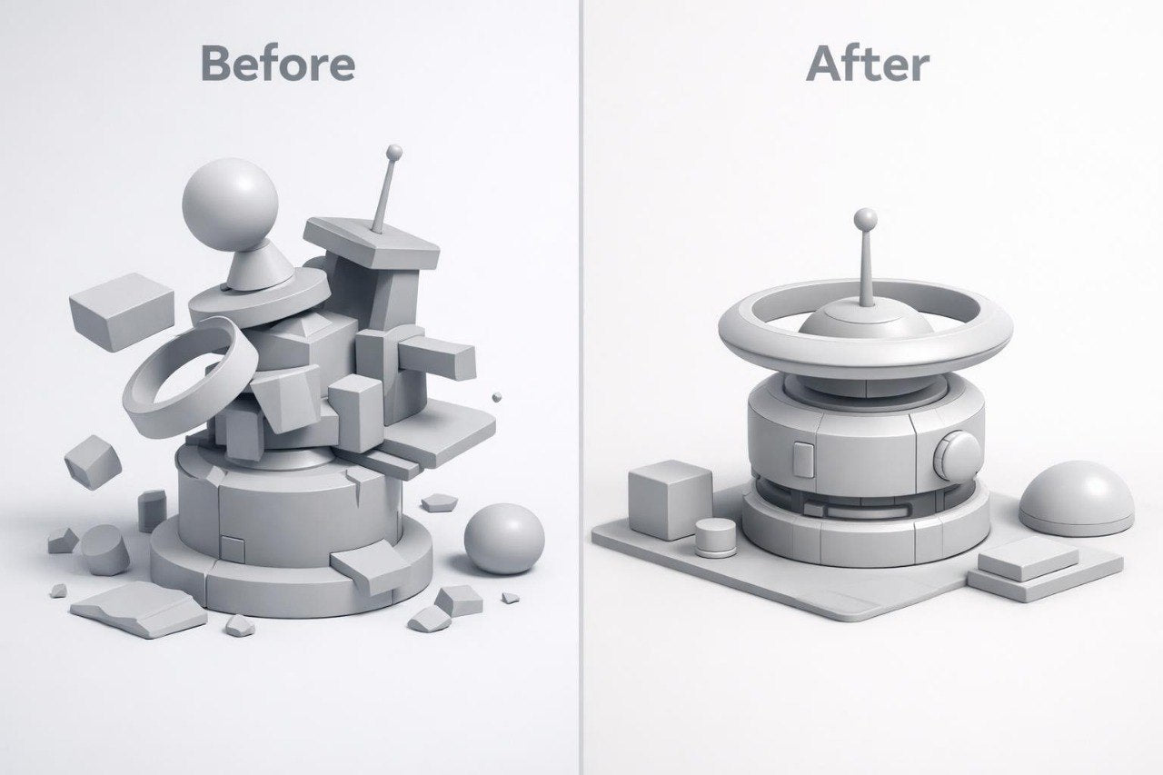 Before and after comparison of a geometric sculpture design.