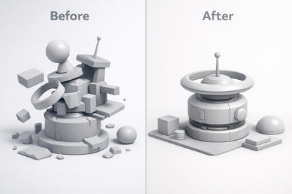 Before and after comparison of a geometric sculpture design.