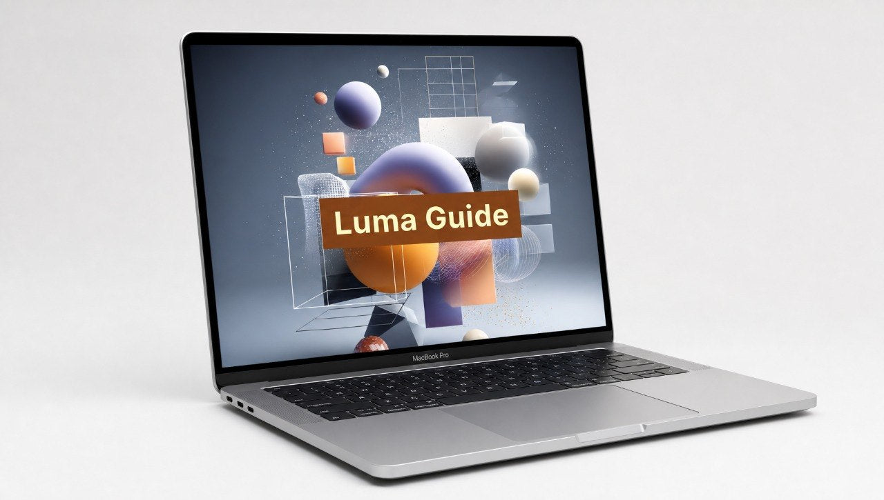 Laptop with 'Luma Guide' displayed on the screen against a light gray background