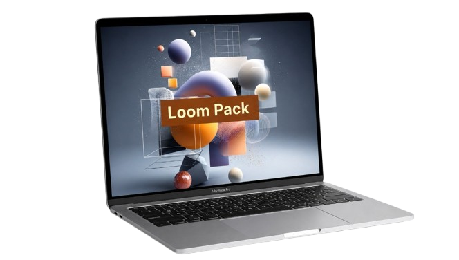 Laptop with a 'Loom Pack' graphic on the screen against a white background