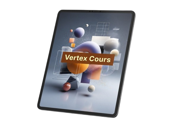 Tablet with a colorful abstract design on the screen displaying 'Vertex Cours'.
