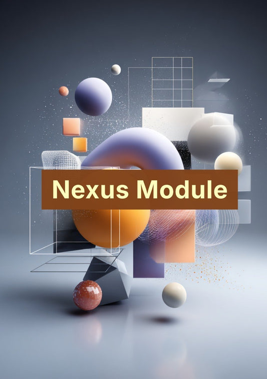 Geometric shapes and abstract design with 'Nexus Module' text on a dark background
