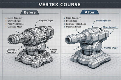 Before and after comparison of a 3D model's refinement process on a gray background.
