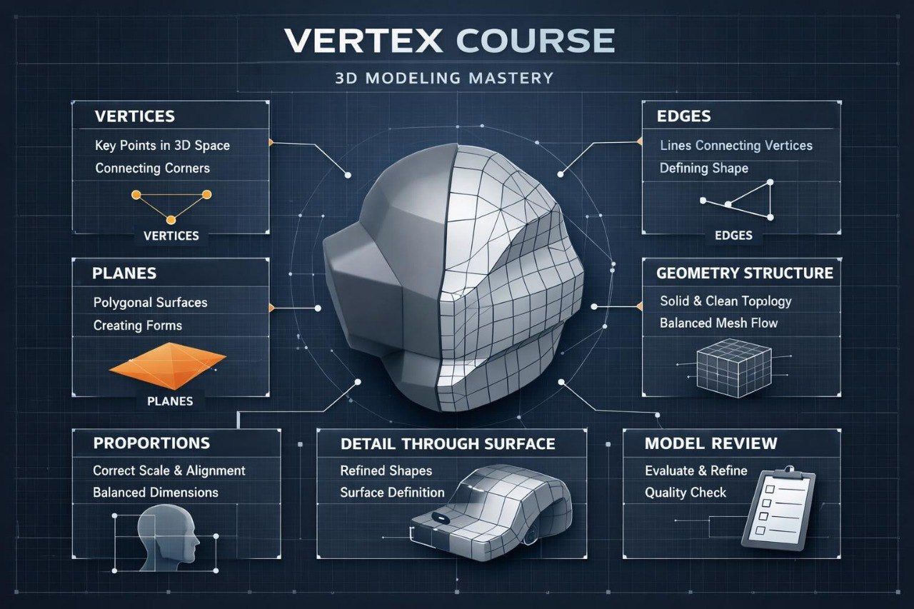 3D modeling course diagram with geometric shapes and text on a dark background
