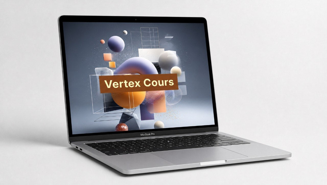 Laptop with 'Vertex Cours' displayed on the screen against a light gray background
